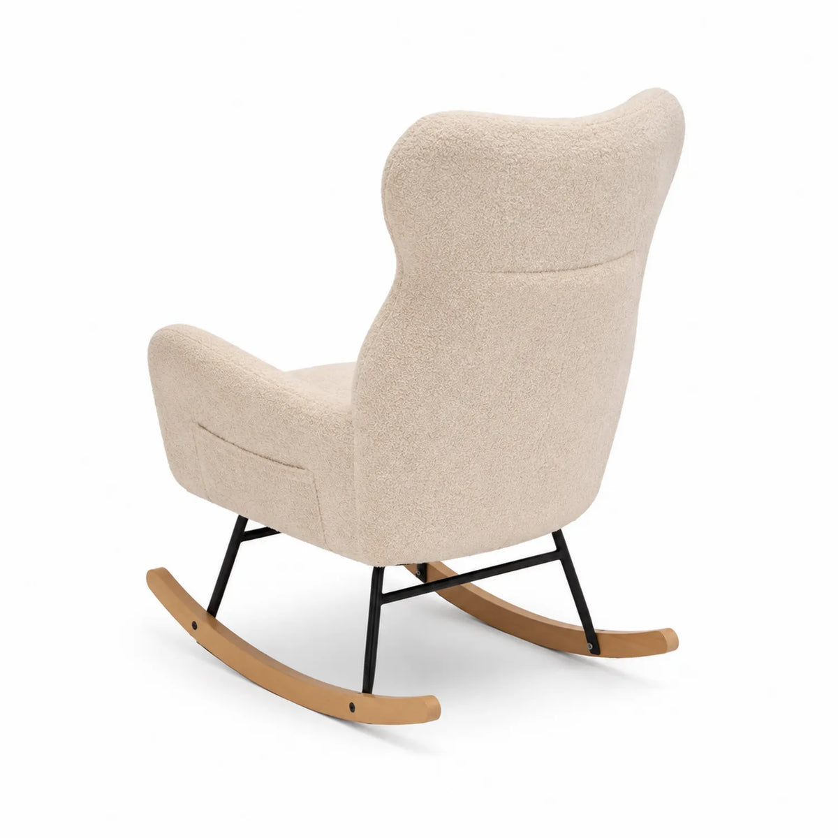 Chaise berçante en tissu polyester beige avec structure en métal et pieds en bois
