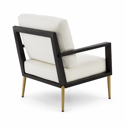 Fauteuil en bois avec coussins en tissu polyester beige, pieds en métal, 75cm x 65cm x 85cm