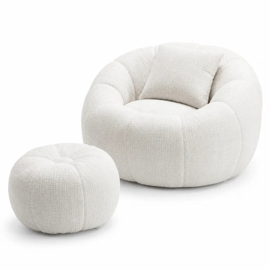 Fauteuil rond et repose-pieds en tissu Beige