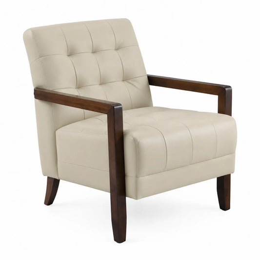 Fauteuil en Cuir Beige avec Structure en Bois