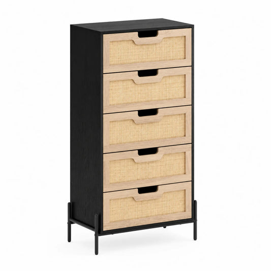 Commode 5 tiroirs en contreplaqué et rotin
