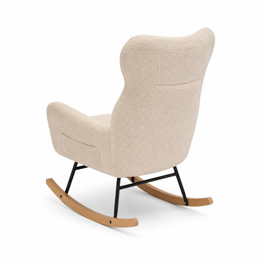 Chaise berçante en tissu polyester beige avec structure en métal et pieds en bois