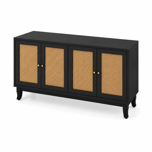 Buffet en bois et rotin avec portes cannées noir naturel