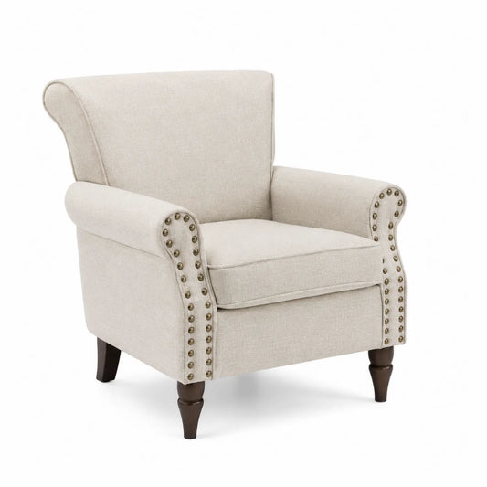 Fauteuil en tissu polyester beige avec pieds en bois