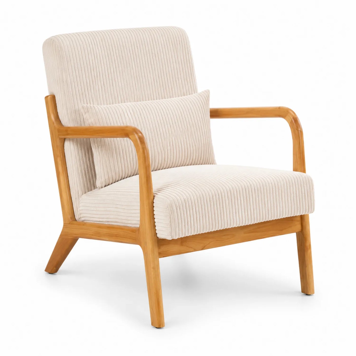 Fauteuil en bois avec coussin en velours côtelé beige